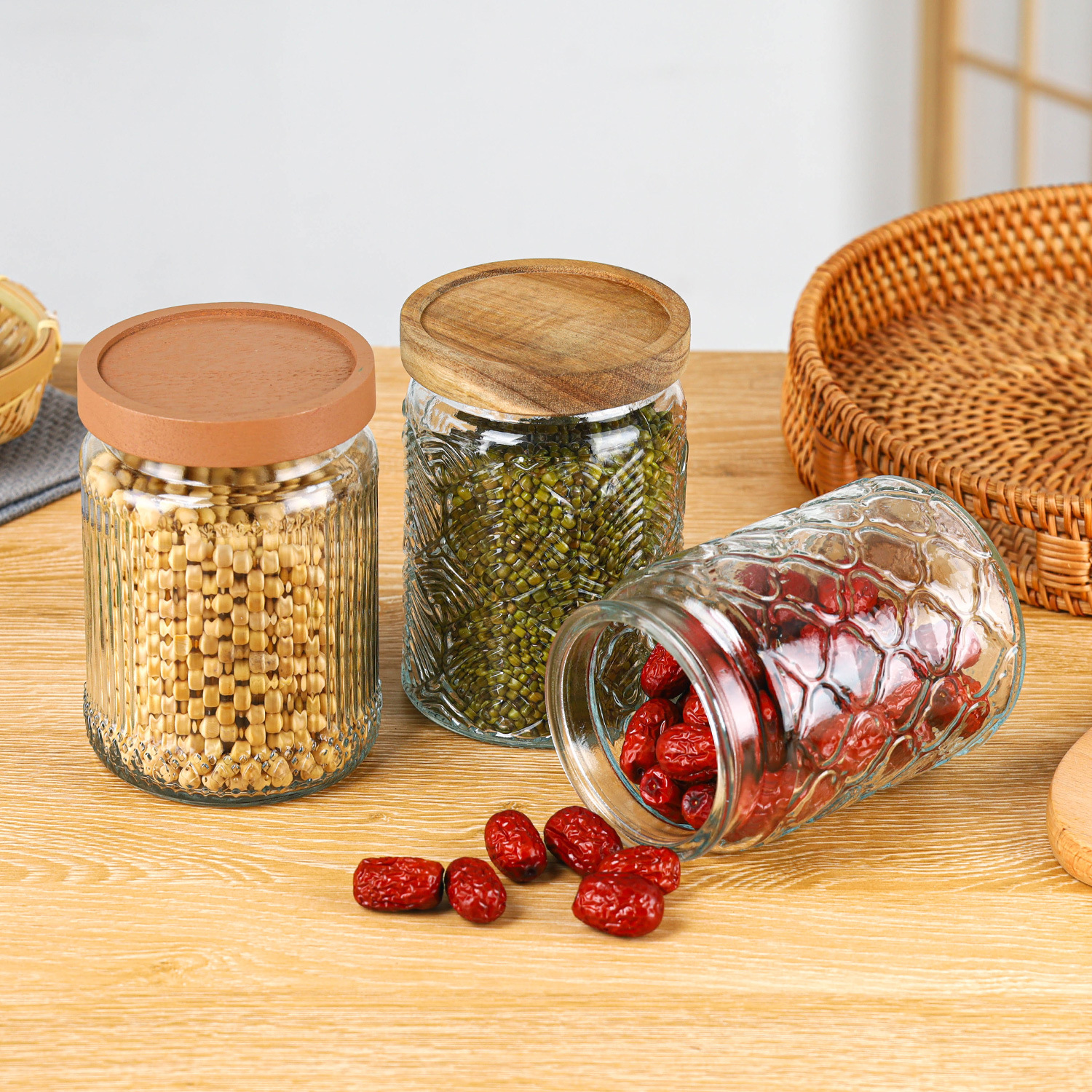 Pot de stockage en verre borosilicaté personnalisé avec couvercle en bois