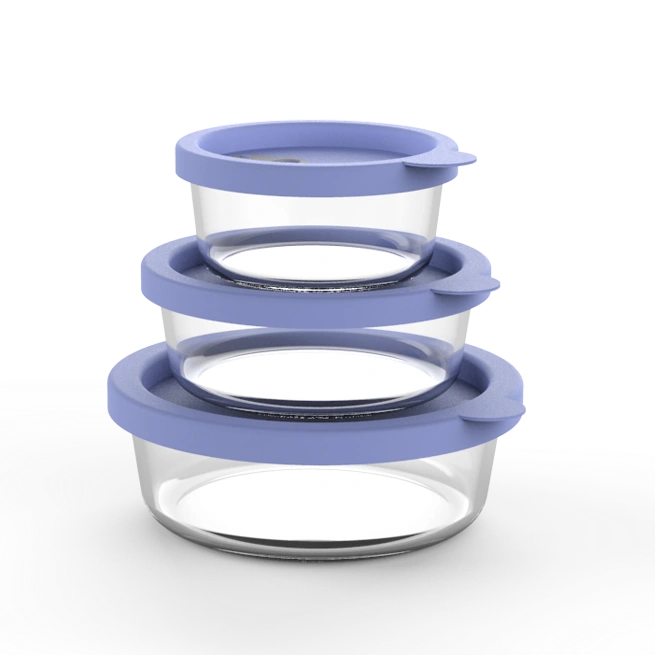 Récipient de stockage rond en verre borosilicaté avec couvercle en silicone