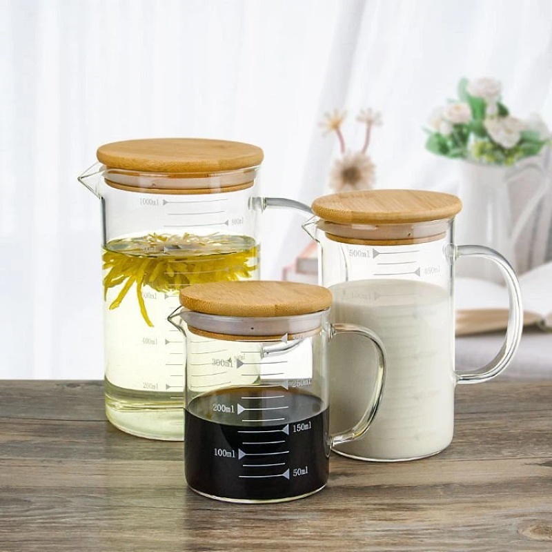 Tasse à mesurer en gros, pot à mesurer en verre avec couvercle en bambou